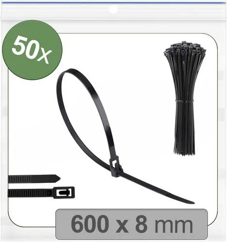 Quadrios 25CA702 25CA702 Kabelbinder 600mm 8mm Schwarz Lösbar, mit Hebelverschluss, UV-stabilisiert, Witterungsstabil 50St.