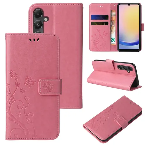 Handyhülle für Samsung Galaxy A25 5G Case Tasche Blume Schmetterling Rosegold