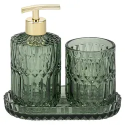 eluno Bad-Accessoires Set BURANO 3tlg. aus grünem Glas - Elegantes 3-teiliges Bad-Accessoires Set BURANO aus grünem Glas. Mit Seifenspender, Becher und Schale in edler Diamantoptik. Ideal für Badezimmer und Küche, bietet praktischen Stauraum und stilvolle Akzente.