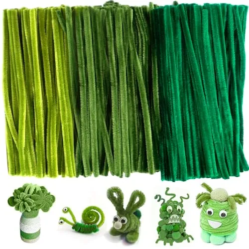 PUWOWYE 300 Stück Pfeifenreiniger Grüner, 3 Grüner Farben Pfeifenputzer zum Basteln, 30cm Chenilledraht, 6mm Pfeiffendraht für Kreative DIY