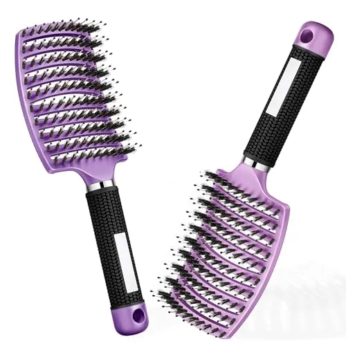 Haarbürste Haarstyling Bürste für Lange Feine Dicke Lockige Haare ohne Ziepen, Profi Entwirrungsbürste Griff, Wildschweinborsten detangler kinder entwirrburste damen herren entwirren (Rosa+Violett)