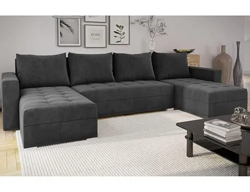 MODERNO Ecksofa mit Schlaffunktion und Bettkasten FORSET U - Sofa mit +3 Sitzen - Schlafcouch Wohnlandschaft U Form - Modern Couch 301x145x80 cm - Big Sofa XXL Graphit