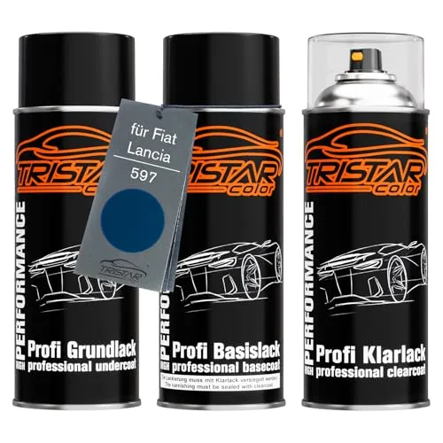 TRISTARcolor Autolack Spraydosen Set für Fiat/Lancia 597 Blu Teseo Metallic/Bebop Blue Metallic Grundlack Basislack Klarlack Sprühdose 400ml