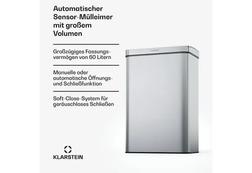 Klarstein Touchless Sensor-Mülleimer 60L - Haushaltszubehör mit berührungsloser Bedienung für maximale Hygiene und geräuschloses Schließen, ideal für Küche und Büro.