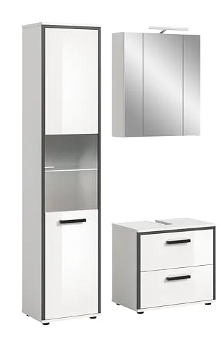 Mid.you Badezimmer Set Weiß Hochglanz, 4-teilig - Stylisches 4-teiliges Badezimmer Set in Weiß Hochglanz mit Holzoptik. Bietet 8 Fächer und 2 praktische Schubladen für optimalen Stauraum. FSC Mix zertifiziert und ideal für eine moderne Badgestaltung.