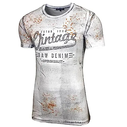 Herren Rundhals Tee Regular Slim Fit O Neck Ausschnitt Vintage T-Shirt Kurzarm Design Fashion Top Print Shirt B-10184, Farbe:Weiß_1, Größe:L