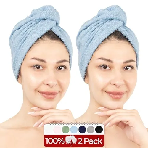 Hammetex 2er Set Badehandtuch 100% Baumwolle, Flauschig Saugstark und Schnelltrocknend, Handtuch mit Knopf für Haare, Damen, Hellblau