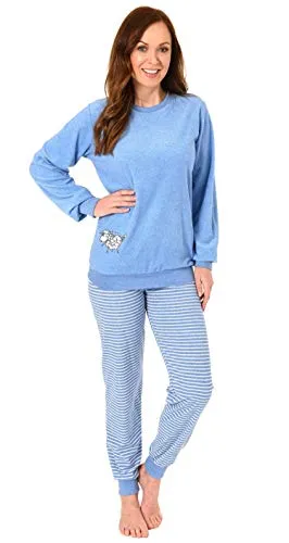 Creative by Normann Damen Frottee Pyjama mit süsser Tier Applikation - Schlafanzug für Damen aus kuscheligem Frottee, ideal für kalte Nächte, mit niedlicher Schaf-Applikation und optimaler Passform, 80% Baumwolle, ÖKOTEX STANDARD 100.