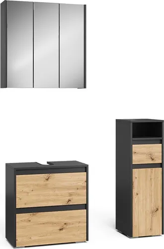 Vicco Badmöbel-Set Majest, 3-teilig in Anthrazit/Artisan - Praktisches Badezimmer-Set mit Waschbeckenunterschrank, Spiegelschrank und Midischrank. Bietet viel Stauraum für Pflegeprodukte und Handtücher, ideal für eine stilvolle und funktionale Badgestaltung.