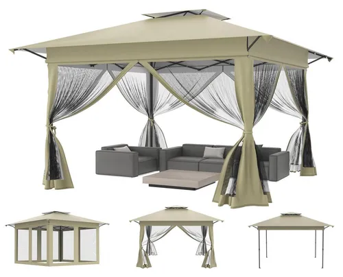 Pop Up Pavillon 4x4m Khaki mit UV-Schutz und Mückenschutz