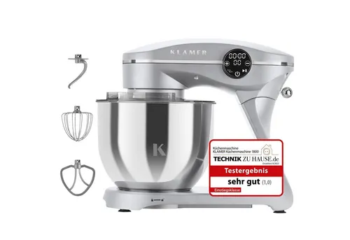 KLAMER Küchenmaschine 1800W - Küchenmaschinen mit 6L Edelstahl-Schüssel, 10 Geschwindigkeitsstufen und Timer für müheloses Kneten, Rühren und Aufschlagen – ideal für Großfamilien!