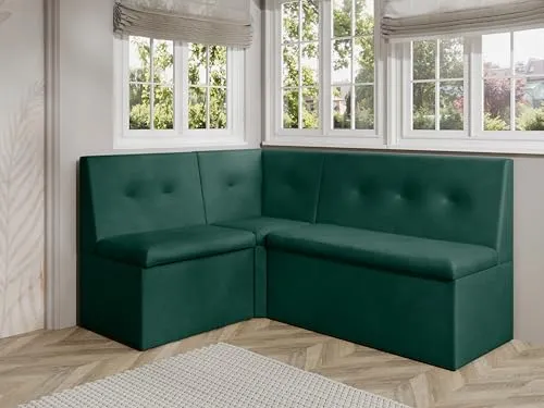 JKG Meble Eckbank fur Essizmmer - Eckbank Küche mit Aufbewahrungsbehälter - Modern Sitzecke Küche - Stoff Velours - gepolsterte Rückenlehne - Grün - Monolith 37-130x170 cm