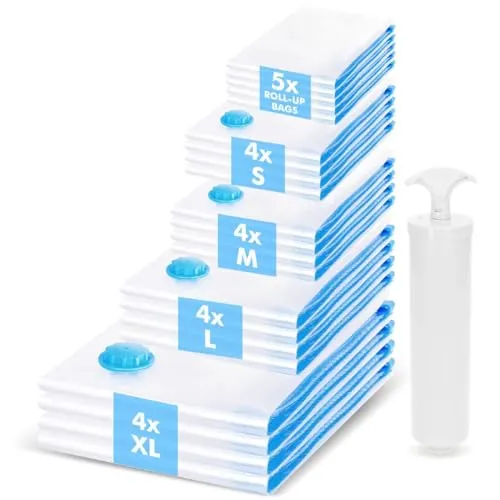 Vakuumbeutel für Kleidung Reisen, 21 Stück Vakuumbeutel für Bettdecken, 4 Extra Groß + 4 Groß + 4 Mittel + 4 Kleine + 5 Rollen Vacuum Bags for Clothing, vakuumierbeutel kleidung mit Handpumpe