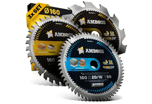 Amboss Kreissägeblatt Set Ø160 für Akku Handkreissägen - Kreissägeblätter-Set für präzise Schnitte in Holz, Aluminium und Kunststoffen. Enthält grobe, mittlere und feine Verzahnungen, kompatibel mit gängigen Akku-Handkreissägen.