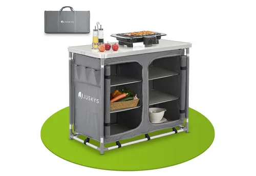 Juskys Faltbare Campingküche mit Tragetasche - Camping-Möbel mit viel Stauraum und robuster Bauweise; ideal für Outdoor-Aktivitäten, schnell aufzubauen und mit verstellbaren Füßen für sicheren Stand.