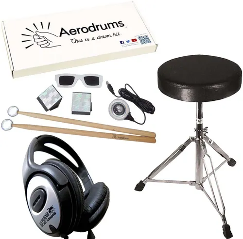 Aerodrums E-Drum Air-Drumming Set mit Hocker und Kopfhörer - E-Schlagzeug-Set mit innovativer Air-Drumming-Technologie, inklusive verstellbarem Drumhocker und leichtem Stereo-Kopfhörer für ein immersives Spielerlebnis.