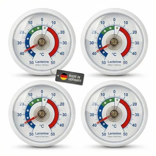 Lantelme 4 Stück Kühlschrankthermometer Selbstklebend Temperatur + - 50°C | Analog Thermometer Rund Farbe Weiß Justierbar | Temperaturkontrolle für Gefrierschrank Kühlschrank Kühltheke Eisfach