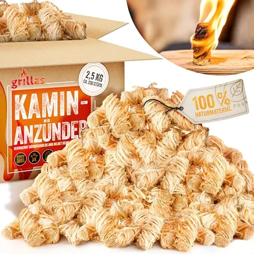 grillas Kaminanzünder 2,5 kg (ca. 240 Stück) Grillanzünder aus Bio Holzwolle & Wachs | Anzünder Kohleanzünder Ökologisch | Wachsanzünder Umweltfreundlich | Anzündwolle Ofenanzünder Lange Brenndauer