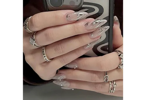LuxusKollektion Kunstfingernägel 24 Stück Silber Swirl Mandel Nägel Perlen Design Glossy Pink Oval