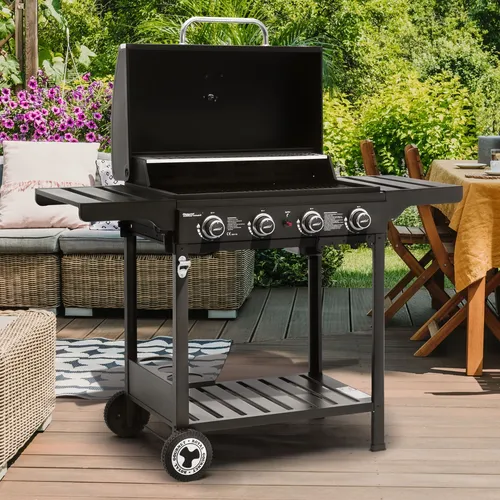 Royal Gourmet 4 Brenner Gas Grillwagen - 12 kW BBQ-Gasgrill für Outdoor-Partys - Grills: Leistungsstarker 12 kW Gasgrill mit großer Kochfläche, ideal für bis zu 27 Burger und präziser Wärmeregelung dank integriertem Thermometer.