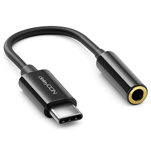 deleyCON 10cm Kopfhörer Adapter USB C auf 3,5mm Klinken Buchse AUX - Kompatibel mit Apple Samsung Google Huawei Xiaomi Smartphone Handy Tablet Laptop PC Surface Kopfhörer Lautsprecher - Schwarz