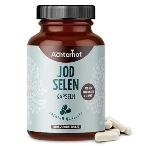 Jod Selen Kapseln (180 Stück) | 100 μg Jod und 40 μg Selen pro Tagesdosis | mit Thymianextrakt und der Aminosäure L-Tyrosin | für 180 Tage | Achterhof
