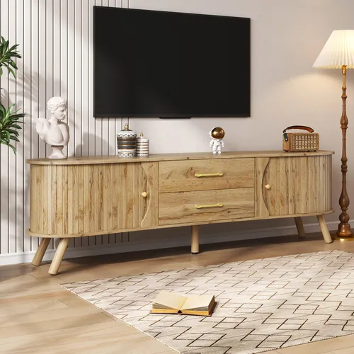 OKWISH TV-Schrank 160x55x36,5 cm – Erbsenförmiges TV-Board mit Rillenoptik - Skandinavisches TV-Board in Holzoptik mit erbsenförmiger Kontur. Praktische Schiebetüren und Schubladen bieten großzügigen Stauraum. Stilvolles Design für ein modernes Wohnzimmer.