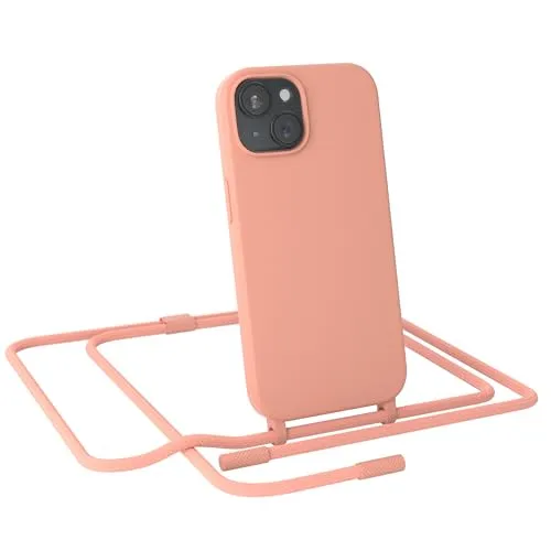 EAZY CASE - Handykette kompatibel mit iPhone 15 - dünne Handyhülle Hülle mit Band als Fallschutz Kette zum Umhängen stoßeste Hülle Silikon mit Mikrofaser in Korall