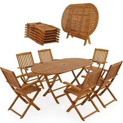 Casaria® Gartenmöbel Set Holz Wetterfest Klappbar 7-TLG. - FSC®-Zertifiziert - Esssets für die Terrasse aus wetterfestem, FSC-zertifiziertem Akazienholz, klappbar für platzsparende Lagerung und mit Sonnenschirmvorrichtung, ideal für Garten und Balkon.