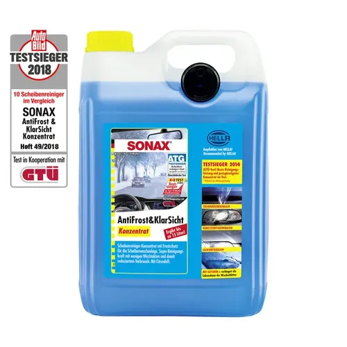 SONAX AntiFrost & Klarsicht Konzentrat 5 L - Wintertauglich bis -30 Grad - Autopflege & Motorradpflege mit Super-Reinigungskraft für klare Sicht und optimalen Frostschutz. Verhindert das Einfrieren der Scheibenwaschanlage und ist gummi- und kunststoffverträglich.