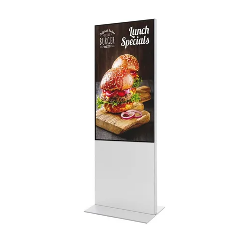 Showdown Displays Smart Line Digitale Infostele mit Samsung-Bildschirm - Elegante digitale Infostele mit 55 Zoll Samsung-Bildschirm. Ideal zur ansprechenden Präsentation Ihrer Inhalte in Ladeneingängen, Einkaufszentren und auf Messen. Modernes Design und stabiler Stahlfuß sorgen für einen professionellen Auftritt.