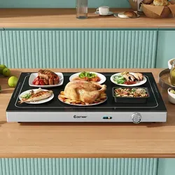 COSTWAY Elektrische Warmhalteplatte 56,5x37 cm - Ideal für Buffets und Partys: Diese elektrische Warmhalteplatte mit gehärteter Glasoberfläche bietet eine große Fläche von 50 x 29 cm und präzise Temperaturregelung bis 120°C für warm gehaltene Speisen.