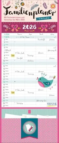 Familienplaner Vintage Zetteltasche 2026 - Illustrations- & Grafikdesign: Praktischer Familienkalender mit 4 großen Spalten, Ferienterminen und Vorschau bis März 2027, inklusive Stifthalter und Zetteltasche.