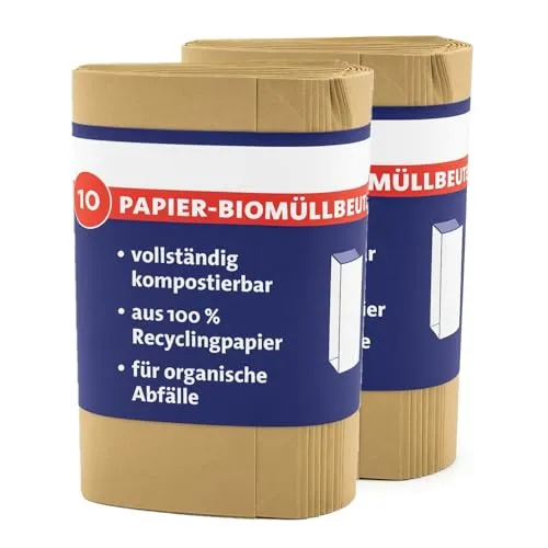 ARLI 20x Bio Müllbeutel 10L Papiermüllbeutel 20x16x34 cm aus 70 g/m² Recyclingpapier kompostierbar & plastikfrei braun & nassfest für Bioabfall (20 Beutel)