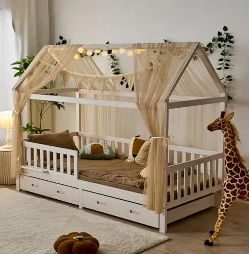 ALAVYA HOME® 3-TLG Hausbett Deko Set - Baby Betthimmel & Himmelstangen – Verwandeln Sie mit diesem Set jedes Kinderbett in eine gemütliche Wohlfühloase mit 100% Bio-Baumwolle und stilvollem Design.
