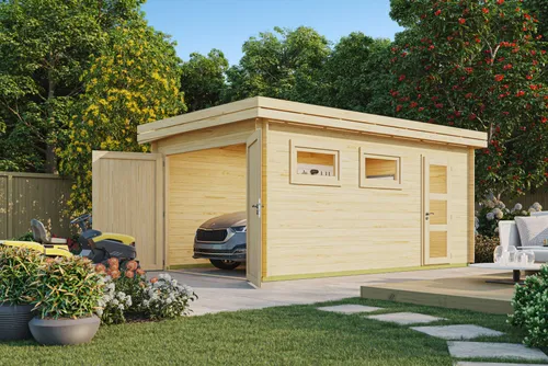 Fjordholz Holzgarage Modell Ken 28 - Massive Flachdach Holzgarage mit 28mm starken Wänden aus nordischer Fichte. Robuste Konstruktion, ideal für jede Wetterlage. Inklusive hochwertigem 2-flg. Garagentor und Einzeltür. Optional in verschiedenen Maßen erhältlich.