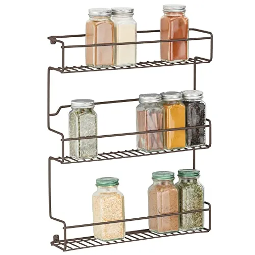 mDesign Küchenregal aus Metall – selbstklebendes Gewürzregal zur Wandmontage mit 3 Ebenen – ideal als Gewürzständer für Küche und Vorratskammer – bronzefarben