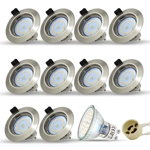 HiBay 10er LED Einbaustrahler 230V Set GU10 Spots Lampen 5W Warmweiß Deckenspots Edelstahl gebürstet Einbauleuchte Rund +GU10 Fassung