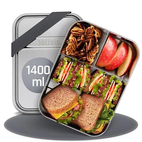 boddels Edelstahl Brotdose mit Fächern 1.400ml - Lunch-Box mit flexibler Unterteilung für individuelle Snacks. Aus hochwertigem, rostfreiem Edelstahl gefertigt, ist sie langlebig und spülmaschinengeeignet.