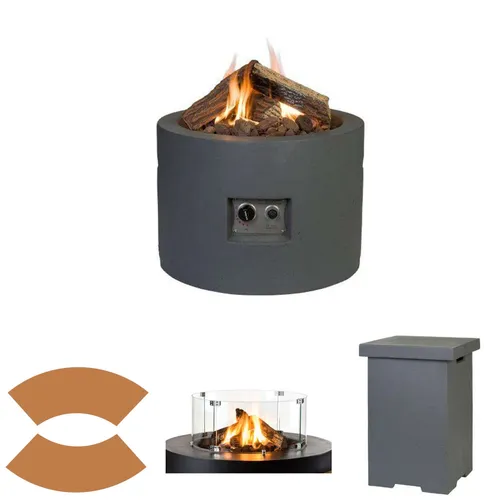 Happy Cocooning Mania Feuertisch Komplettset 19,5 kW - Runder Feuertisch in Beton-Optik (61x61x42 cm) für gesellige Abende im Freien. Betrieben mit Propan, sorgt er für stimmungsvolles Ambiente und Wärme.