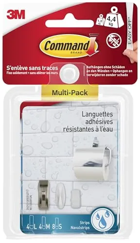Command Montagestreifen, wasserfest, Streifen in den Größen: 8 (S), 4 (M), 4 (L) – beschädigungsfreie Befestigung, halten bis zu 4,4 kg, rückstandsfreies Ablösen