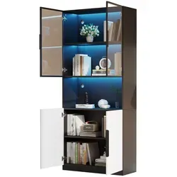 LED Vitrine 80x30x200 mit Glastüren aus Spanplatte, Aluminiumrahmen und App-Steuerung, Stauraum und moderne Beleuchtung, Weiß + Schwarz