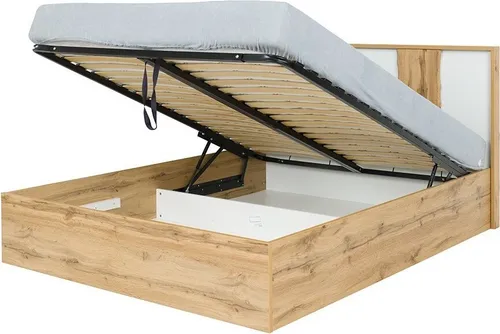 Bett mit Stauraum 180x200 + LED WOOD Eichenfarbe und Alpinweiß