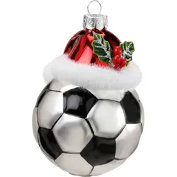Christbaumschmuck Glas Fußball mit Weihnachtsmütze 9cm - Schwarz