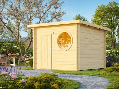 Fjordholz Pultdach Gartenhaus Modell Ezra 3N - Massives Pultdach Gartenhaus aus nordischer Fichte, wahlweise mit 28mm oder 44mm Wandstärke. Inklusive hochwertiger Einzeltür und Rundfenster. Individuelle Anpassungen und alle RAL-Farbtöne auf Anfrage.