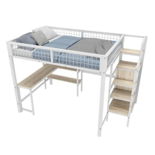 Hochbett mit Lattenrost, Schreibtisch und Rausfallschutz - Weiß (140x200 cm) - Praktisches Hochbett mit integriertem Schreibtisch und stabiler Treppe. Der Rundum-Rausfallschutz sorgt für Sicherheit. Ideal für Kinderzimmer, um Platz zu sparen und eine moderne Gestaltung zu ermöglichen.