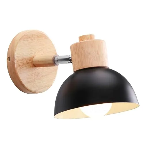 iDEGU Wandleuchte Moderne Innen Wandlampe aus Holz Metall Halbkreis Lampenschirm E27 Verstellbare Wandspot Vintage Lampe für Schlafzimmer Wohnzimmer (1 Stück, Schwarz)