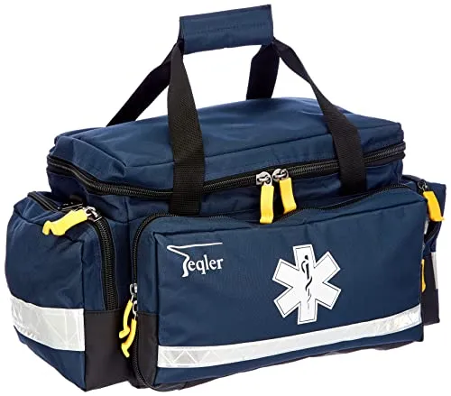 Teqler Notfalltasche Lüttich groß L, Blau - Erste-Hilfe-Tasche mit variablem Innenbereich und 3 Außentaschen, aus strapazierfähigem, wasserabweisendem Nylon für optimalen Schutz. Maße: 51 x 31 x 26 cm, inklusive Reflexstreifen für bessere Sichtbarkeit.