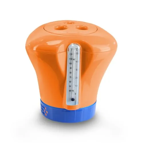 Pool Dosierschwimmer mit Thermometer orange großer Chlordosierer Chlorspender für ChlorTabs, Brom und SauerstoffTabs