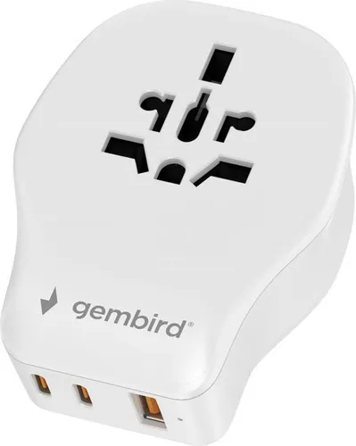 Gembird TPA-1A2C20-02-W Universal-Reiseadapter 20 W - Kompakter Reiseadapter mit GaN-Technologie, drei USB-Ladeports und vier abnehmbaren Steckern für über 200 Länder. Ideal zum schnellen Laden von Geräten unterwegs.